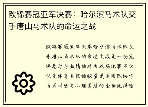 欧锦赛冠亚军决赛：哈尔滨马术队交手唐山马术队的命运之战